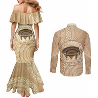 Tonga Skink Kava Bowl Couples Matching Mermaid Dress and Long Sleeve Button Shirt Vintage Tongan Ngatu Pattern