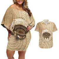 Tonga Skink Kava Bowl Couples Matching Off Shoulder Short Dress and Hawaiian Shirt Vintage Tongan Ngatu Pattern
