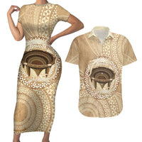 Tonga Skink Kava Bowl Couples Matching Short Sleeve Bodycon Dress and Hawaiian Shirt Vintage Tongan Ngatu Pattern