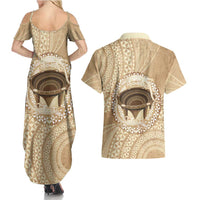 Tonga Skink Kava Bowl Couples Matching Summer Maxi Dress and Hawaiian Shirt Vintage Tongan Ngatu Pattern