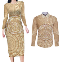 Tonga Ngatu Turtle Couples Matching Long Sleeve Bodycon Dress and Long Sleeve Button Shirt Vintage Tongan Tapa Cloth
