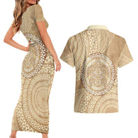 Tonga Ngatu Turtle Couples Matching Short Sleeve Bodycon Dress and Hawaiian Shirt Vintage Tongan Tapa Cloth