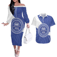 Queen Salote College 100th Anniversary Personalized Couples Matching Off The Shoulder Long Sleeve Dress and Hawaiian Shirt Est 1926 Kolisi Fefine Tongan Ngatu Pattern LT14 Blue - Polynesian Pride