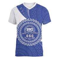 Queen Salote College 100th Anniversary Personalized Women V-Neck T-Shirt Est 1926 Kolisi Fefine Tongan Ngatu Pattern LT14 Female Blue - Polynesian Pride