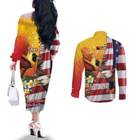 Personalised United States And Papua New Guinea Couples Matching Off The Shoulder Long Sleeve Dress and Long Sleeve Button Shirt USA Eagle With PNG Bird Of Paradise LT14 - Polynesian Pride