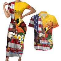 Personalised United States And Papua New Guinea Couples Matching Short Sleeve Bodycon Dress and Hawaiian Shirt USA Eagle With PNG Bird Of Paradise LT14 Red - Polynesian Pride