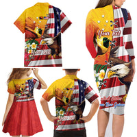 Personalised United States And Papua New Guinea Family Matching Long Sleeve Bodycon Dress and Hawaiian Shirt USA Eagle With PNG Bird Of Paradise LT14 - Polynesian Pride