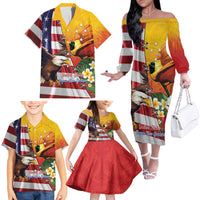 Personalised United States And Papua New Guinea Family Matching Off The Shoulder Long Sleeve Dress and Hawaiian Shirt USA Eagle With PNG Bird Of Paradise LT14 - Polynesian Pride
