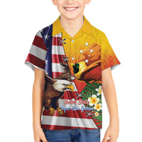 Personalised United States And Papua New Guinea Family Matching Off The Shoulder Long Sleeve Dress and Hawaiian Shirt USA Eagle With PNG Bird Of Paradise LT14 Son's Shirt Red - Polynesian Pride