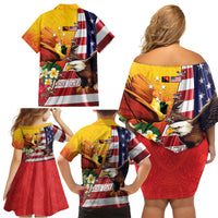 Personalised United States And Papua New Guinea Family Matching Off Shoulder Short Dress and Hawaiian Shirt USA Eagle With PNG Bird Of Paradise LT14 - Polynesian Pride