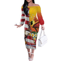 Personalised United States And Papua New Guinea Off The Shoulder Long Sleeve Dress USA Eagle With PNG Bird Of Paradise LT14 Women Red - Polynesian Pride