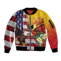 Personalised United States And Papua New Guinea Sleeve Zip Bomber Jacket USA Eagle With PNG Bird Of Paradise LT14 Unisex Red - Polynesian Pride