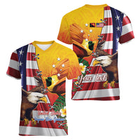 Personalised United States And Papua New Guinea Women V Neck T Shirt USA Eagle With PNG Bird Of Paradise