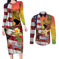 Personalised United States And Hawaii Couples Matching Long Sleeve Bodycon Dress and Long Sleeve Button Shirt USA Eagle With Hawaiian Shark Tattoo LT14 Red - Polynesian Pride