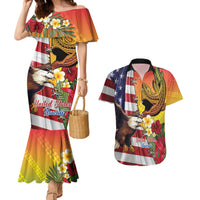 Personalised United States And Hawaii Couples Matching Mermaid Dress and Hawaiian Shirt USA Eagle With Hawaiian Shark Tattoo LT14 Red - Polynesian Pride