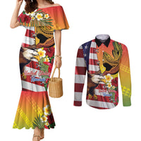 Personalised United States And Hawaii Couples Matching Mermaid Dress and Long Sleeve Button Shirt USA Eagle With Hawaiian Shark Tattoo LT14 Red - Polynesian Pride