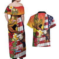 Personalised United States And Hawaii Couples Matching Off Shoulder Maxi Dress and Hawaiian Shirt USA Eagle With Hawaiian Shark Tattoo LT14 - Polynesian Pride