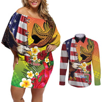 Personalised United States And Hawaii Couples Matching Off Shoulder Short Dress and Long Sleeve Button Shirt USA Eagle With Hawaiian Shark Tattoo LT14 Red - Polynesian Pride