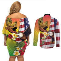 Personalised United States And Hawaii Couples Matching Off Shoulder Short Dress and Long Sleeve Button Shirt USA Eagle With Hawaiian Shark Tattoo LT14 - Polynesian Pride