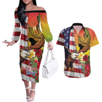 Personalised United States And Hawaii Couples Matching Off The Shoulder Long Sleeve Dress and Hawaiian Shirt USA Eagle With Hawaiian Shark Tattoo LT14 Red - Polynesian Pride