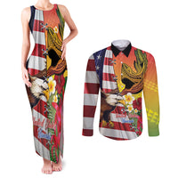Personalised United States And Hawaii Couples Matching Tank Maxi Dress and Long Sleeve Button Shirt USA Eagle With Hawaiian Shark Tattoo LT14 Red - Polynesian Pride