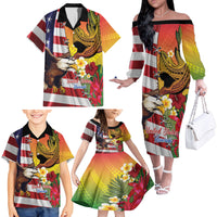 Personalised United States And Hawaii Family Matching Off The Shoulder Long Sleeve Dress and Hawaiian Shirt USA Eagle With Hawaiian Shark Tattoo LT14 - Polynesian Pride