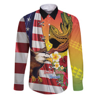 Personalised United States And Hawaii Family Matching Off Shoulder Maxi Dress and Hawaiian Shirt USA Eagle With Hawaiian Shark Tattoo LT14 Dad's Shirt - Long Sleeve Red - Polynesian Pride