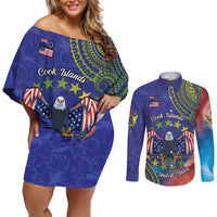 Personalised United States And Cook Islands Couples Matching Off Shoulder Short Dress and Long Sleeve Button Shirt USA Eagle Mix Polynesian Pattern LT14 Blue - Polynesian Pride