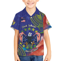Personalised United States And Cook Islands Family Matching Off Shoulder Maxi Dress and Hawaiian Shirt USA Eagle Mix Polynesian Pattern LT14 Son's Shirt Blue - Polynesian Pride