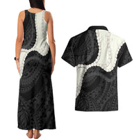 Black Polynesia Tribal Octopus Tattoo Couples Matching Tank Maxi Dress and Hawaiian Shirt Pikake Lei Polynesian Pattern