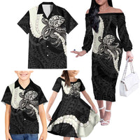 Black Polynesia Tribal Octopus Tattoo Family Matching Off The Shoulder Long Sleeve Dress and Hawaiian Shirt Pikake Lei Polynesian Pattern