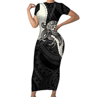 Black Polynesia Tribal Octopus Tattoo Family Matching Short Sleeve Bodycon Dress and Hawaiian Shirt Pikake Lei Polynesian Pattern