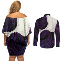 Purple Galaxy Polynesia Tribal Octopus Tattoo Couples Matching Off Shoulder Short Dress and Long Sleeve Button Shirt Pikake Lei Polynesian Pattern