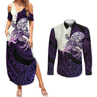 Purple Galaxy Polynesia Tribal Octopus Tattoo Couples Matching Summer Maxi Dress and Long Sleeve Button Shirt Pikake Lei Polynesian Pattern
