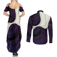 Purple Galaxy Polynesia Tribal Octopus Tattoo Couples Matching Summer Maxi Dress and Long Sleeve Button Shirt Pikake Lei Polynesian Pattern