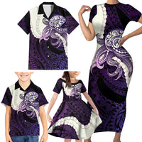 Purple Galaxy Polynesia Tribal Octopus Tattoo Family Matching Short Sleeve Bodycon Dress and Hawaiian Shirt Pikake Lei Polynesian Pattern