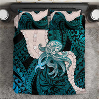 Teal Galaxy Polynesia Tribal Octopus Tattoo Bedding Set Pikake Lei Polynesian Pattern