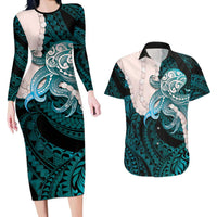Teal Galaxy Polynesia Tribal Octopus Tattoo Couples Matching Long Sleeve Bodycon Dress and Hawaiian Shirt Pikake Lei Polynesian Pattern