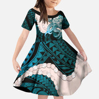Teal Galaxy Polynesia Tribal Octopus Tattoo Family Matching Short Sleeve Bodycon Dress and Hawaiian Shirt Pikake Lei Polynesian Pattern LT14 Daughter's Dress Teal - Polynesian Pride
