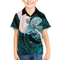 Teal Galaxy Polynesia Tribal Octopus Tattoo Family Matching Short Sleeve Bodycon Dress and Hawaiian Shirt Pikake Lei Polynesian Pattern LT14 Son's Shirt Teal - Polynesian Pride