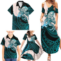 Teal Galaxy Polynesia Tribal Octopus Tattoo Family Matching Summer Maxi Dress and Hawaiian Shirt Pikake Lei Polynesian Pattern