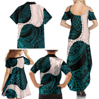 Teal Galaxy Polynesia Tribal Octopus Tattoo Family Matching Summer Maxi Dress and Hawaiian Shirt Pikake Lei Polynesian Pattern