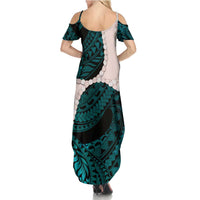 Teal Galaxy Polynesia Tribal Octopus Tattoo Family Matching Summer Maxi Dress and Hawaiian Shirt Pikake Lei Polynesian Pattern