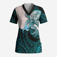 Teal Galaxy Polynesia Tribal Octopus Tattoo Scrub Top Pikake Lei Polynesian Pattern