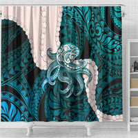 Teal Galaxy Polynesia Tribal Octopus Tattoo Shower Curtain Pikake Lei Polynesian Pattern