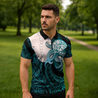 Teal Galaxy Polynesia Tribal Octopus Tattoo Zipper Polo Shirt Pikake Lei Polynesian Pattern