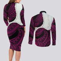 Pink Galaxy Polynesia Tribal Octopus Tattoo Couples Matching Long Sleeve Bodycon Dress and Long Sleeve Button Shirt Pikake Lei Polynesian Pattern