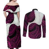 Pink Galaxy Polynesia Tribal Octopus Tattoo Couples Matching Off Shoulder Maxi Dress and Long Sleeve Button Shirt Pikake Lei Polynesian Pattern