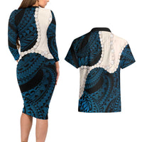 Blue Galaxy Polynesia Tribal Octopus Tattoo Couples Matching Long Sleeve Bodycon Dress and Hawaiian Shirt Pikake Lei Polynesian Pattern