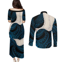 Blue Galaxy Polynesia Tribal Octopus Tattoo Couples Matching Puletasi and Long Sleeve Button Shirt Pikake Lei Polynesian Pattern
